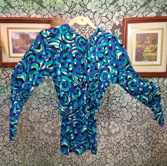 Marc Bouwer blue teal black blouse abstract thick tie back with wrap around belt - Picture 3 of 5